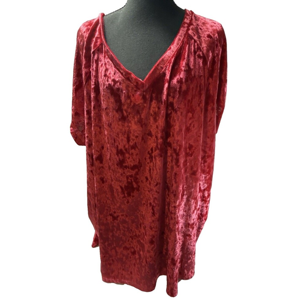 Ellos Crushed Velvet Style Shirt Womens 2X (26/28) Red Short Sleeve Top V Neck